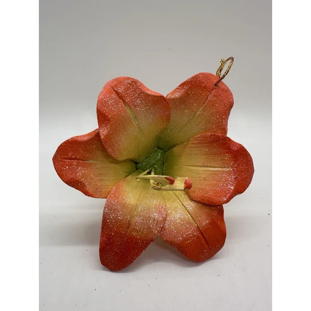 Glitter Amaryllis‎ Flower Hanging Ornament Red Green Hand Painted Wood 5